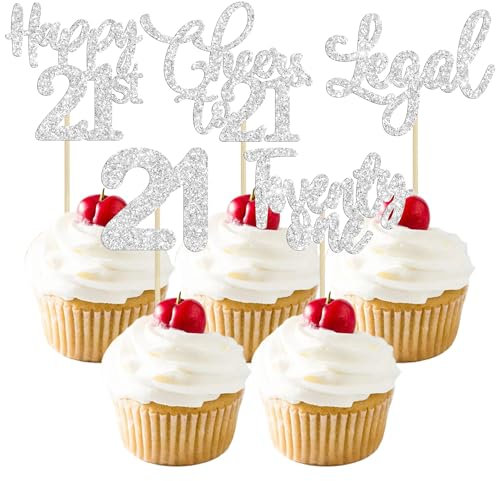 30 Pack Happy 21st Birthday Cupcake Toppers Glitter Twenty-One Cheers to 18 Years Old Birthday Cupcake Picks for Happy 21st Birthday Anniversary Party Cake Decorations Silver