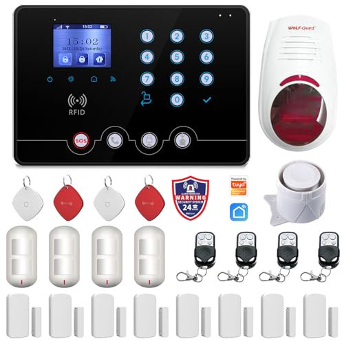Wolf Guard W4Q-W03 WiFi + 4G Wireless Home Einbrecher Alarmanlage Kit Tuya Smartlife APP, mit Sirene Fenster Türsensor Bewegungsmelder RFID, Deutsch (W4Q-W03-B)