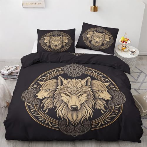 WQIZXCW Wikinger Bettwäsche 135x200 - Viking Wolf Motiv, Weiche und Angenehme Microfaser Bettbezug Set 2 Teilig, 1 Kissenbezug 80x80, mit Reißverschluss, Wendebettwäsche & Zimmer Deko
