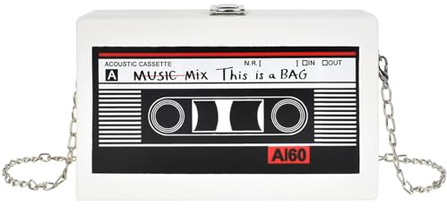 Colexy Vintage Radio Geformt Handtasche, Schräge Schultertasche Handtasche, Crossbody Umhängetasche, Pu Geldbörse für Frauen, Schulter Tasche, Schultertasche 90s Kettenbeute Party Damen (Weiß)