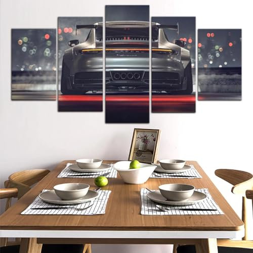 ZYCHKRL Moderne Bilder Wohnzimmer 5 Teiliger Porsch GT3 Supercars Luxussportwagen Poster Mit Rahmen Hd Für Heimdekoration Personalisierte Bilder Leinwandbilder Xxl