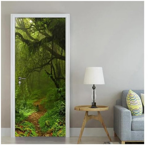 Türaufkleber Türtapete Türbilder Türposter 3D-Tür-Wandbild, Grüner Wald, Türaufkleber, DIY, Selbstklebende Tapete, Poster, Heimdekoration, Wandaufkleber(Größe:95x215cm)
