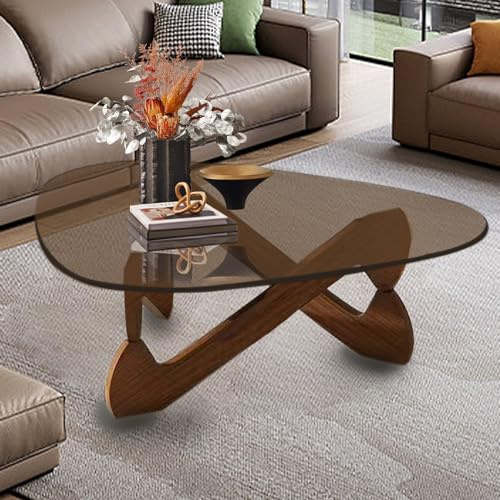 Trasparente Tavolo Basso da Salotto con Base in Legno (Noce-marrone, 82CM)