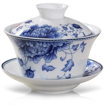 fanquare Blue and White Gaiwan Peony Floral Porcelain Chinese Traditional Sancai Tea Bowl with Lid Vintage Tea Cup Saucer Cover Set 220ML