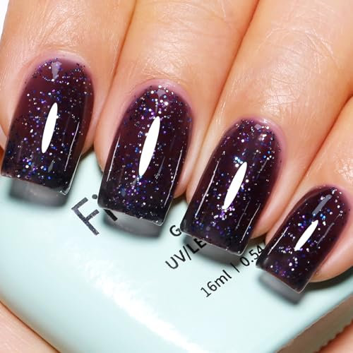 Firedeep Black Glitter Gel Nail Polish 16ML Big Bottles Black Iridescent Sparkly Shimmer UV/LED Soak Off Gel Polish for Nail Art Manicure DIY 1Pcs