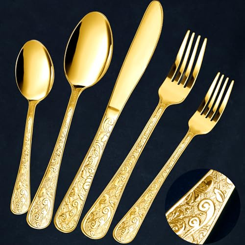 Chuleno 30-Piece Stainless Steel Gold Silverware Set for 6, Vintage Floral Carved Flatware Set with Steak Knives, Cutlery Set for Home and Kitchen, Mirror Polished Utensil Set for Gift