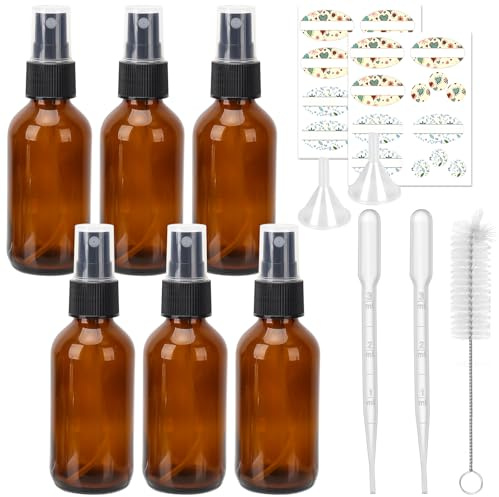 60 ml bärnstensglassprayflaskor, 6-pack 57 ml flaskor med fina sprayer och dammlock för eteriska oljor, rengöringslösningar växthår.