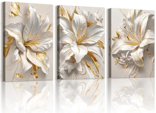 WENGTIAO 3Pcs Weiß Gold Lilien Blumen Leinwand Bilder Kunstdrucke | Gerahmtes Bild Aesthetic Weiß Geblümt Malerei Wandbilder auf Leinwand Wohnzimmer Schlafzimmer Wanddeko 40x60cmx3