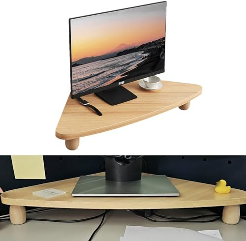 YFWOKSL Monitorständer, Eckmonitorständer, dreieckiger Monitorständer für Eckschreibtische, Eckbildschirmerhöhung mit Holzmaserung und starken Beinen, gebogener Computerständer für den Arbeitsplatz