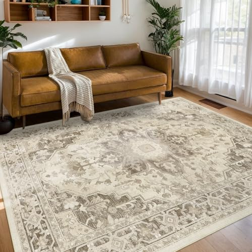 Homcomodar Teppich Wohnzimmer 160x230cm Vintage Teppich Schlafzimmer Boho Waschbarer Wohnzimmerteppich Kurzflor Teppiche für Wohnzimmer Kinderzimmer(Taupe)
