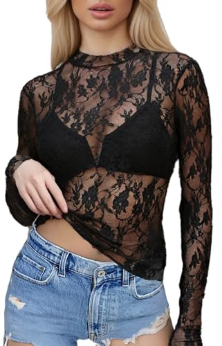 Sahunfri Mesh Tops for Women, Lace Tops for Women UK Sexy See Through Shirts, Y2K Lace Top Layering Blouses (UK, Alpha, XXL, Regular, Regular, Standard, Black)