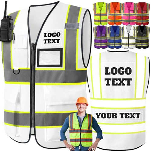 Sicherheitsweste mit Logo nach Maß - Personalisierte reflektierende Warnweste Bedruckt mit Taschen, Reißverschluss & Druck (Foto/Text) - Zweifarben-Design für Damen und Herren auf der Baustelle-Weiß
