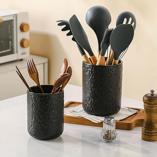 Ganwu Ensemble de rangement pour ustensiles de cuisine en céramique, texture roche, lot de 2, organisateur de comptoir pour couverts, cuillères de cuisine, support pour ustensiles de cuisine, noir