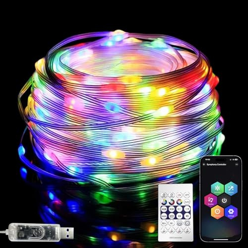 Artrastar Cadena de luces LED para exteriores, 10 m, 100 ledes, RGB, para interior, multicolor, USB, con mando a distancia, control de aplicación, sincronización de música, temporizador, IP65, para