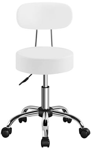 Yaheetech Taburete Giratorio Taburete con Ruedas y Respaldo con Altura Regulable 75.5-85 cm Asiento Tapizado de Polipiel Sintético para Oficina Dormitorio Blanco