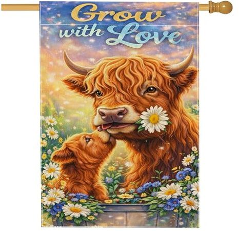 Bandiera della casa del bestiame delle Highland, fantasiosa natura crisantemo fiori primavera arancione iuta double face decorativo esterno bandiere portico per esterni cortile prato patio ingresso 71