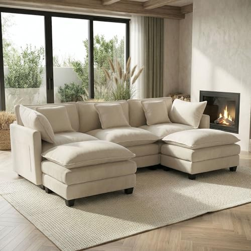 GRAVFORCE 239cm Ecksofa mit Schlaffunktion U Form 3 Sitzer Sofa mit 2 beweglichen Hockern Cloud Couch Big Sofa Modulares Sofa mit tiefer Sitz für Wohnzimmer Wohnung Büro Chenille Beige