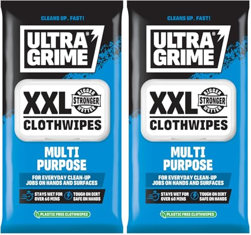 UltraGrime Multi-Purpose XXL Wet Wipes - Multi-use Hand Wipes - Heavy-Duty Dirt & Grime Cleaning for Home, Cars,Tools, Equipment, Kitchen & Surfaces - Plastic-Free Soft Cleaning Cloths (Pack of 80)