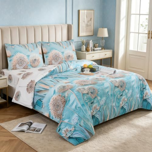 Hadi London 4 PCS 3D Printed Bedding Set with Fitted Sheet Pillowcases Soft Microfiber Duvet Cover Set Luxury Printed Quilt Cover for Single Double King Super King (Ocean Bloom 3D, DOUBLE)