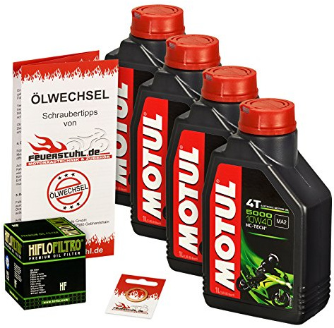 Motul 10W-40 Öl + HiFlo Ölfilter für Yamaha XVS 1100 Drag Star/Classic, 99-07, VP05 VP16 - Ölwechselset inkl. Motoröl, Filter, Dichtring | Ölwechsel Set mit Motul 5000 10W-40 Motoröl, Hiflo Ölfilter und Dichtring(en) - VP05, VP16