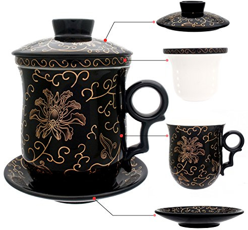Tea Talent Porcelain Tea Cup with Infuser Lid and Saucer Sets - Chinese Jingdezhen Ceramics Coffee Mug Teacup Loose Leaf Tea Brewing System for Home Office