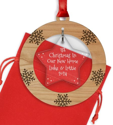 PERSONALISED 1st Christmas in NEW HOME 2025 Bauble - Cherry Veneer and Acrylic Engraved Christmas Tree Decoration - Housewarming Keepsake Christmas Gifts