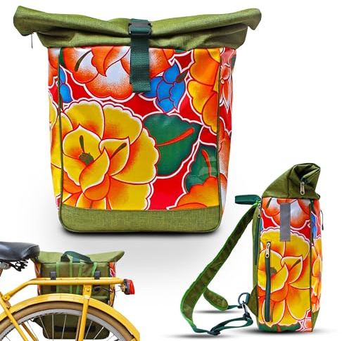 Ikuri Fahrradtasche/Rucksack Kombi Fahrradrucksack aus Wachstuch für Gepäckträger Packtasche Wasserdicht für Frauen