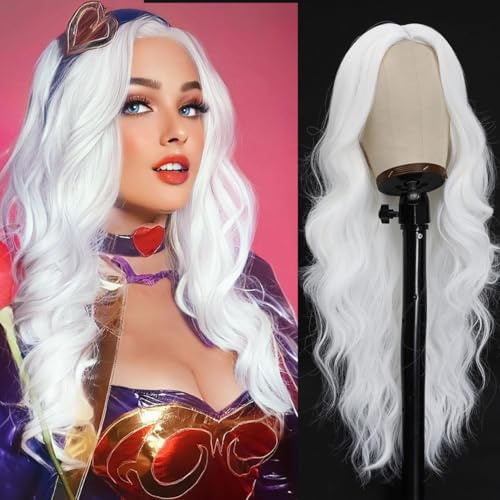 PORSMEER Långa vit vågiga peruker för kvinnor mittavskiljande lockigt naturligt hår peruk värmebeständig fibersyntetisk hårersättning peruker för cosplay daglig fest daglig användning 26 tum