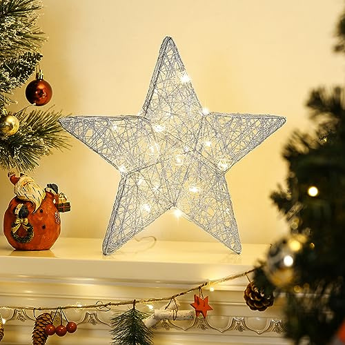 Lewondr Tischlampe, LED Stern Deko Nachttischlampe mit Eisendraht, Silber | Stern Weihnachtsstern Lichter, USB & Batteriebetrieben Tischdeko Weihnachtsbeleuchtung Eisenrahmen Sterne Weihnachten Zuhause