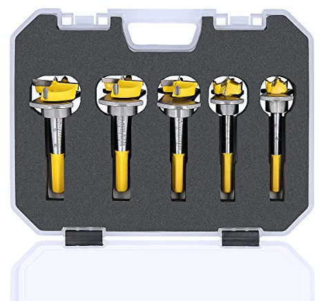 Forstner Bits TOUGH MASTER 5 Piece Carbide Tip, 15mm, 20mm, 25mm, 30mm, 35mm Diameter Plus 2 Hex Keys and Heavy Duty Case For Wood Working, DIY TCT Tool