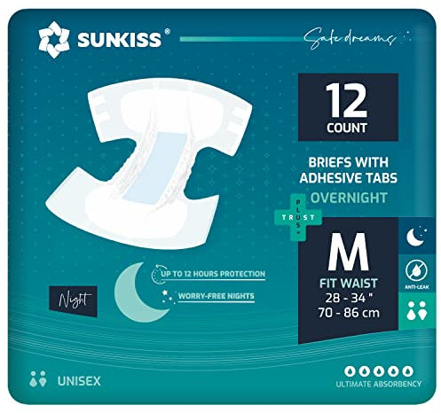 SUNKISS Adult Nappies with Ultimate Absorbency, Overnight Adult Diapers for Men and Women, Long-Lasting Dryness, Odor Control, Medium, 12 Count