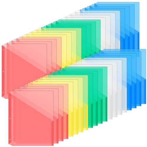 Maitys 50 Pack Binder Pockets 3 Hole Punch Clear Plastic Document Folders Binder Organizer Store Letter Size 8.5x11 Inch Paper Folders with Pockets Slash File Jacket for Office (Fresh Color)