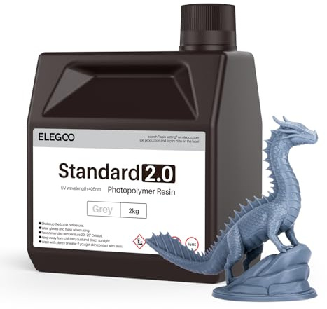 ELEGOO Standard 2.0 3D Drucker Resin 2000g Grau, 3D Harz UV 405nm Präzises Drucken Geringer Geruch 3D Printer Resin für LCD/SLA/DLP Resin 3D Drucker