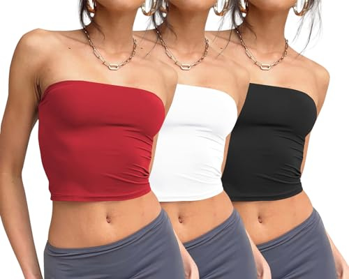 Trendy Queen Womens 3 Pack Summer Tube Tops Crop Going Out Strapless Basic Backless Bandeau Bustier Beach Outfits Black White Red M