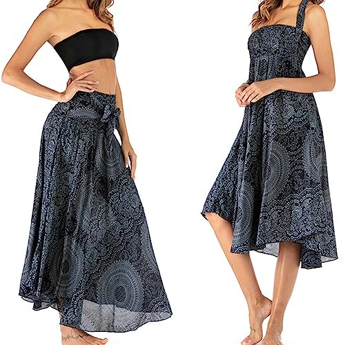cailiya Femme Long Taille Haute Longue Maxi, Femme Robe Imprimé Fleurie,Jupe Longue Femme 2 en 1,Jupe Bohême Tour de Taille,Taille Unique (Noir)