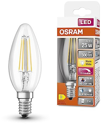 OSRAM Lampada LED SUPERSTAR+ CLASSIC B FIL 25, E14, candela, 2.2W, 300lm, 2700K, luce bianca calda, componente blu e affaticamento visivo notevolmente ridotti, dimmerabile, basso consumo energetico