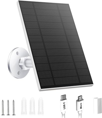 Pannello solare da 5 W per telecamera di sicurezza, pannello solare con porta micro USB e USB-C per fotocamera a batteria ricaricabile da esterno DC 5 V, impermeabile IP65, supporto di sicurezza