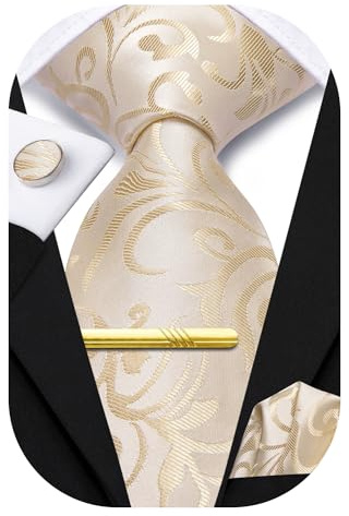Hi-Tie Herren Seidenkrawatten, formell, gewebt, Krawatte, Einstecktuch, Manschettenknöpfe, Clip-Set für Hochzeit, Business, Champagnerblüte, M