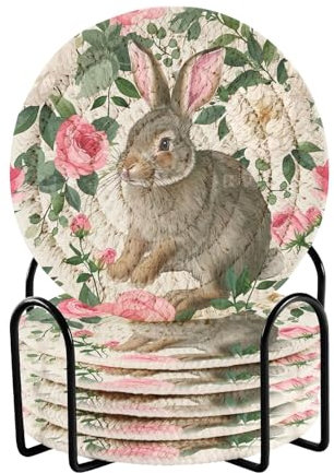 Untersetzer-Set, Motiv: Kaninchen, Aquarell, Blumenmuster, 6 Stück, Untersetzer für Getränke, saugfähig, für Kaffee, Wein, Bar, Dekoration, Glastisch