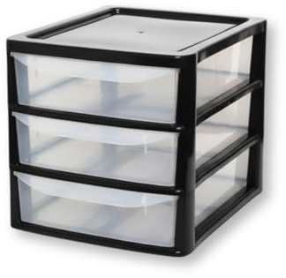 A4 Clear Slim Storage Drawer - Plastic Multipurpose Desktop Storage Unit - Space Saving Organiser For Stationery, Craft Supplies, Document Organiser Desk Storage Drawers (Black/Clear, 3 Tier)