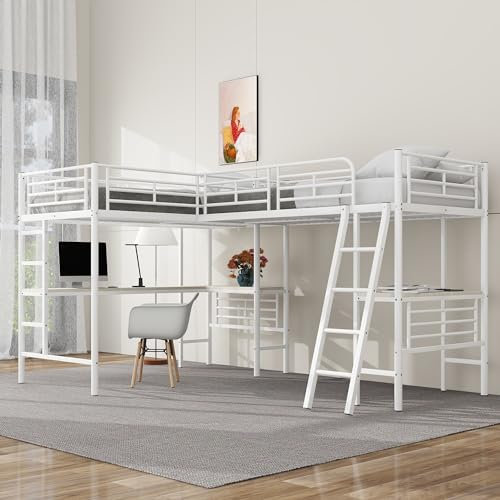 MQLAE Hochbett 90x200cm mit Zwei Schreibtisch, Getrennte Einzelbetten, Doppeltreppe, hohes Geländer- Rausfallschutz, Etagenbett Stockbett Bettgestell Metallbett für Kinder, Erwachsene (Weiß)