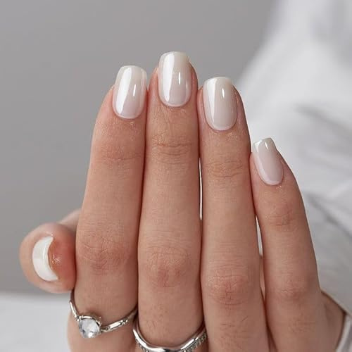 Lösnaglar Court MouyouGlow, fyrkantig vit krom Sheer Hailey Bieber Glazed Donut Press on Nails med lim, Milky White Fake Nails