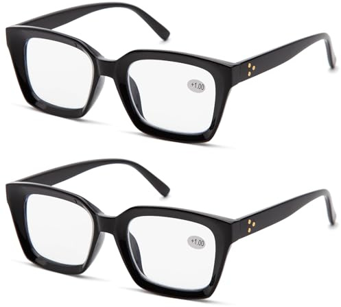 Amorays Occhiali da Lettura Oversize Square Frame Vintage con Anti Luce Blu Lenti Occhiali Presbiopia Lettori per Donna Uomo 6561（Nero+Nero,+1.00）