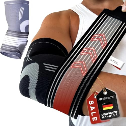 Armbågsmanschett HEALTH & FIT: Armbågsbandage för kompression med justerbara kompressionsband. Tillverkad av elastiskt och ventilerande tyg, kan bäras på båda sidor. Halkskydd. Grå, L