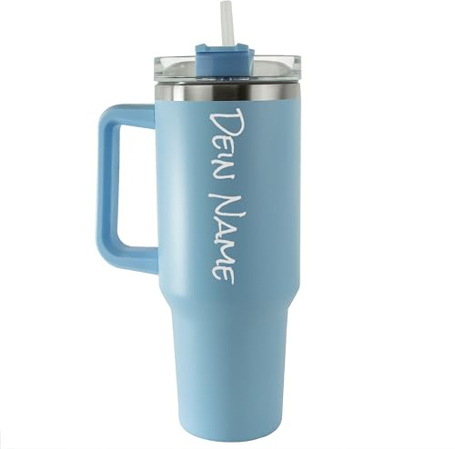 Tumbler Trinkbecher mit Strohhalm 1.18L 40OZ Thermobecher mit Griff hält kühl oder warm Becher mit Deckel und Strohhalm personalisiert mit Namen Tragbarer Autobecher Kaffeebecher TO-GO (Hellblau)