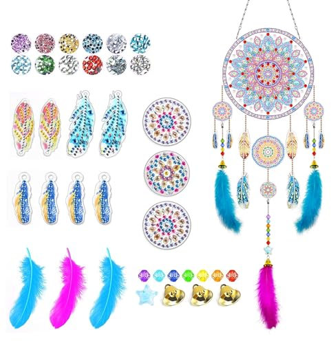 LUFEIS Diamond Painting Wind Chime, DIY Diamond Art Dream Catcher Craft Kits for Kids, Rhinestone Dreamcatcher with Colorful Feathers, Beads and Small Bells, Suncatcher Hanging Ornament for Home Decor