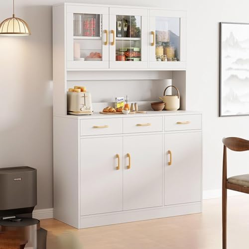 EUNEWR Köksskåp, 170 cm förvaringsskåp, kök, bufféskåp av trä, skänk, köksskåp med glasdörr och tre lådor, vitrinskåp, vitt, multifunktionellt förvaringsutrymme, vitt