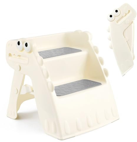 Onasti Toddler Step Stool Foldable Kids Step Stool with Non-Slip, 2 Step Toddler Stool, Toilet Step for Bathroom Kitchen Counter with Cute Dinosaur Design (1.white)