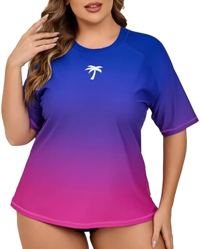 Halcurt UV Shirt Damen mit BH Übergröße Kurzarm UPF 50+ Rash Guard 1X-4X | Sonnenschutz Schwimmshirt, Atmungsaktiv, Schnell Trocknend, Nur Schwimmoberteil, Raglan Ärmel, Lockere Passform