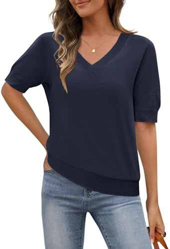 MEROKEETY Women's Short Sleeve Sweater Summer Business Casual Tops V Neck Lightweight Knit Work Shirts 2026, Navy, Large